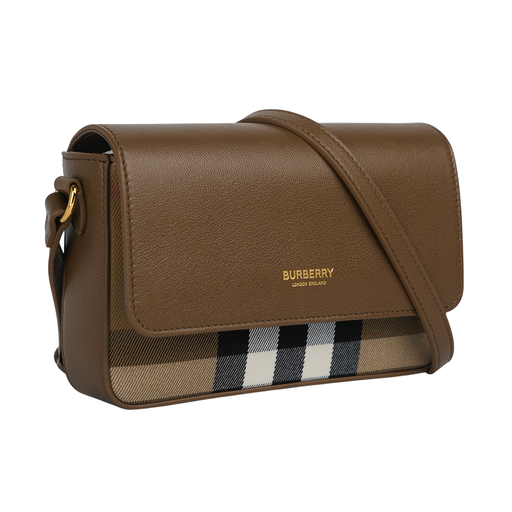 BURBERRY Hampshire 新款格紋帆布拼皮革手拿包/斜背包/土棕色, , large