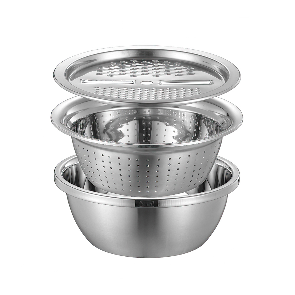 【上手家居】304不鏽鋼刨絲器三件套組(洗菜瀝水盆/切片器/洗米瀝水籃), , large