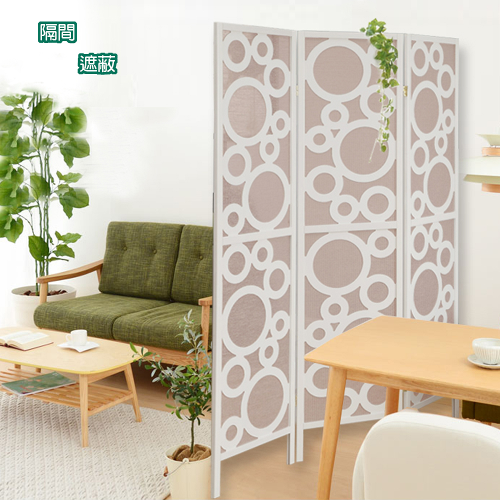 《C&B》水玉新設計風格三面屏風-實木+原麻布/台灣生產 , , large