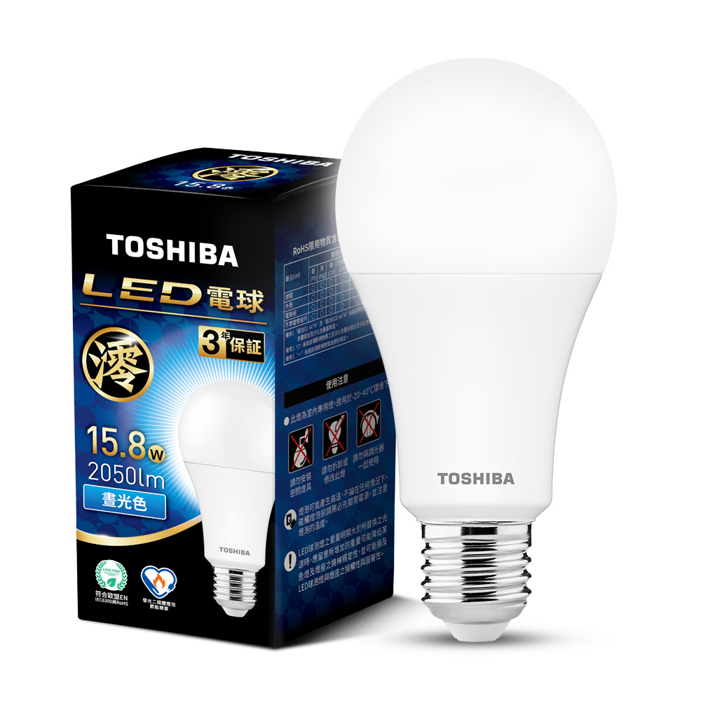 【TOSHIBA】60-pack Mio Series LED Bulbs, 15.8W, 3-year warranty, high lumen output, energy-saving label (daylight/bulb color/natural color), , large