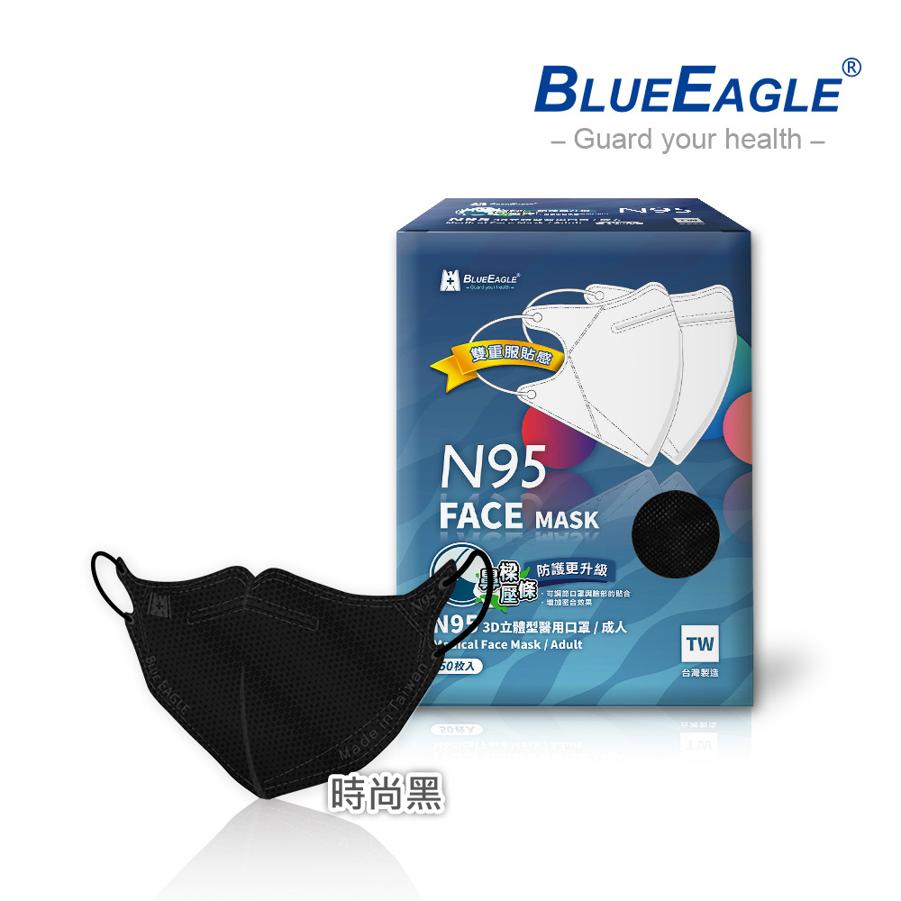 【Blue Eagle】N95 3D Adult Medical Face Mask (with Adjustable Nose-Clip) Black 50 pack, , large