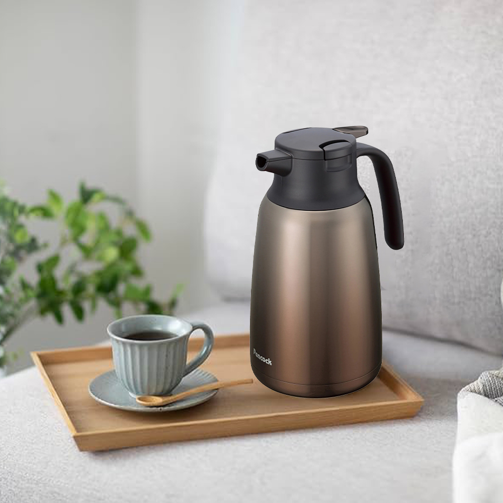 【日本孔雀Peacock】真空斷熱不鏽鋼保溫壺保溫瓶 1.5L-漸層棕(一鍵按壓出水), , large