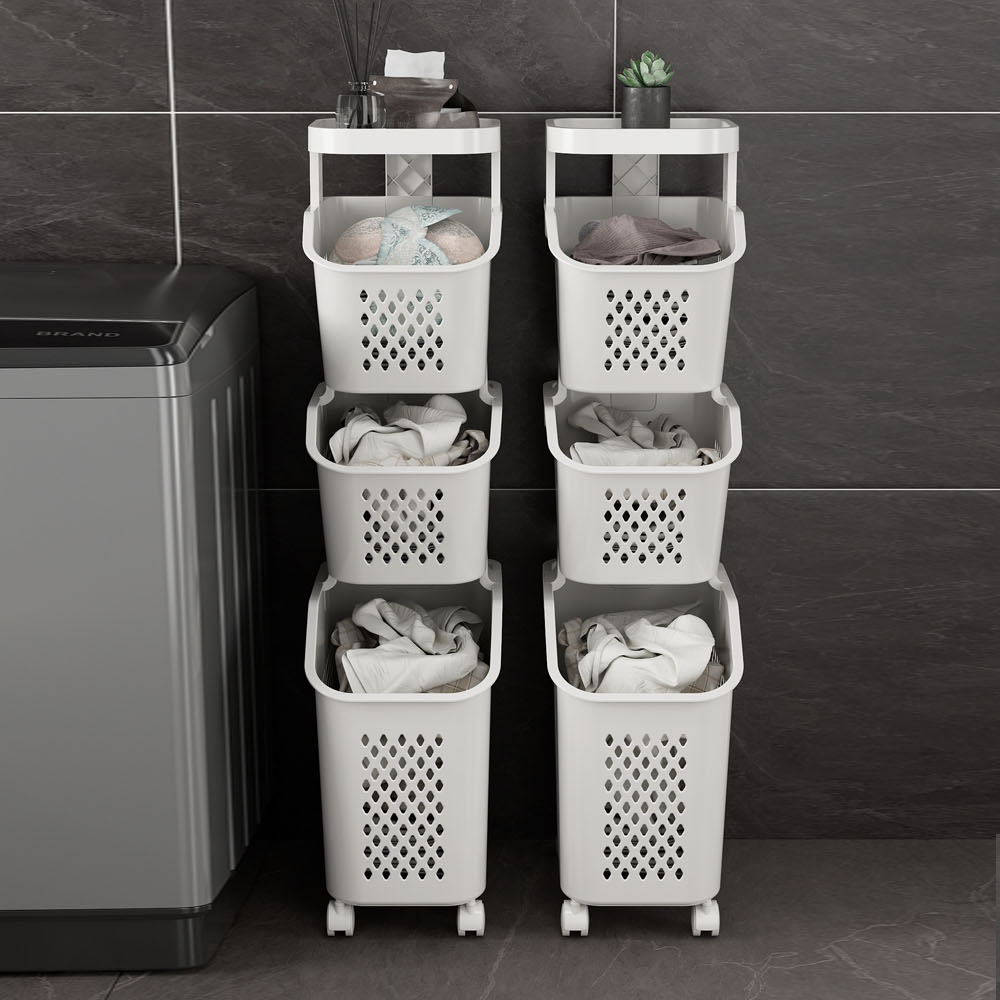 【AOTTO】夾縫式三層附輪髒衣籃收納置物架(AS-214), , large