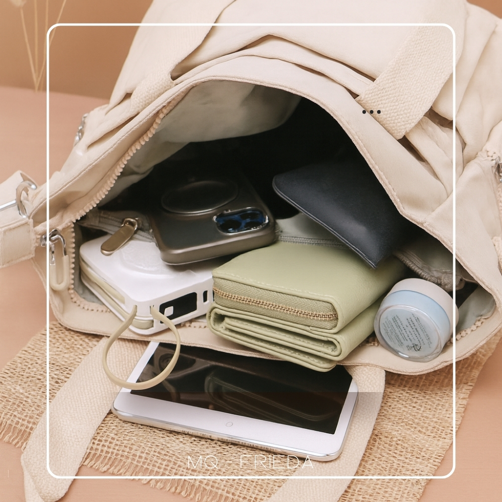 【MQ】FRIEDA 三用多層托特包 大款-奶茶色  斜紋尼龍 防潑水 耐髒耐磨 手提袋 多夾層 大容量, , large