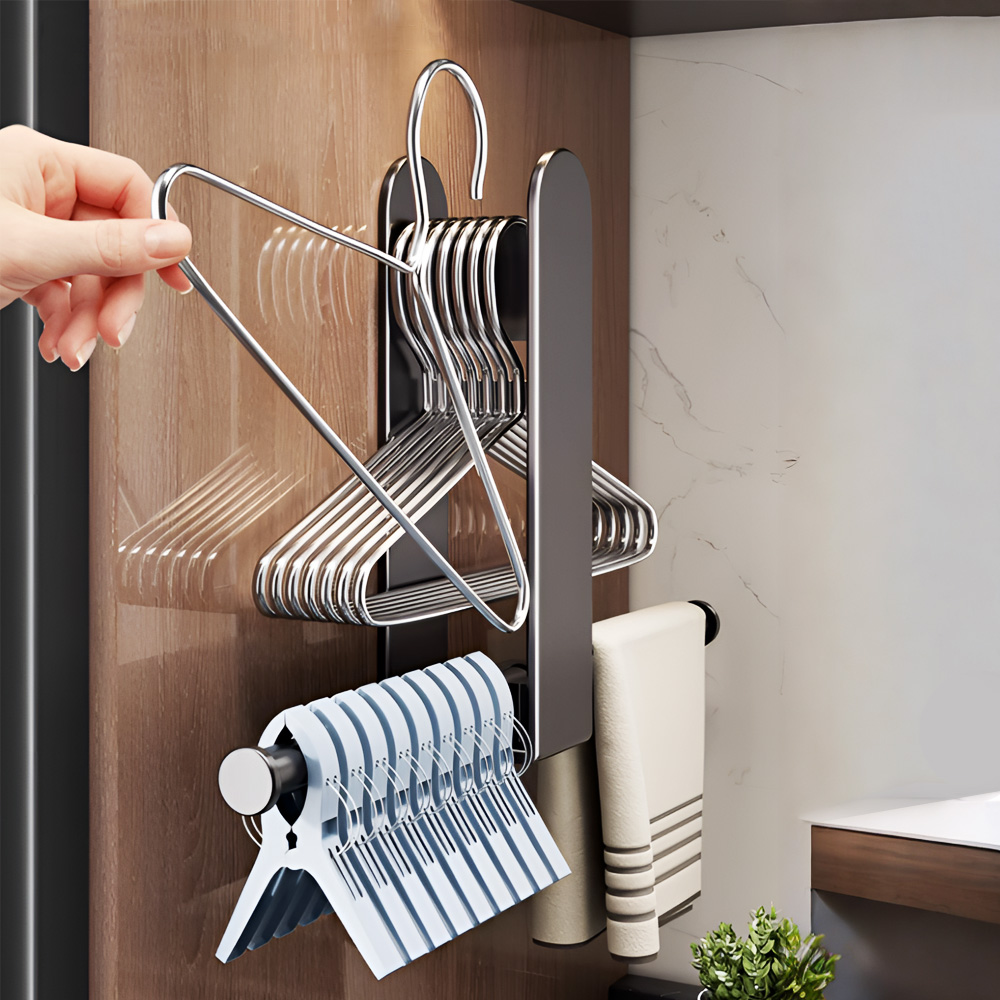 【上手家居】衣架收納架-灰色(掛衣架/衣架收納/免打孔/衣架/收納衣架/壁掛式衣架), , large