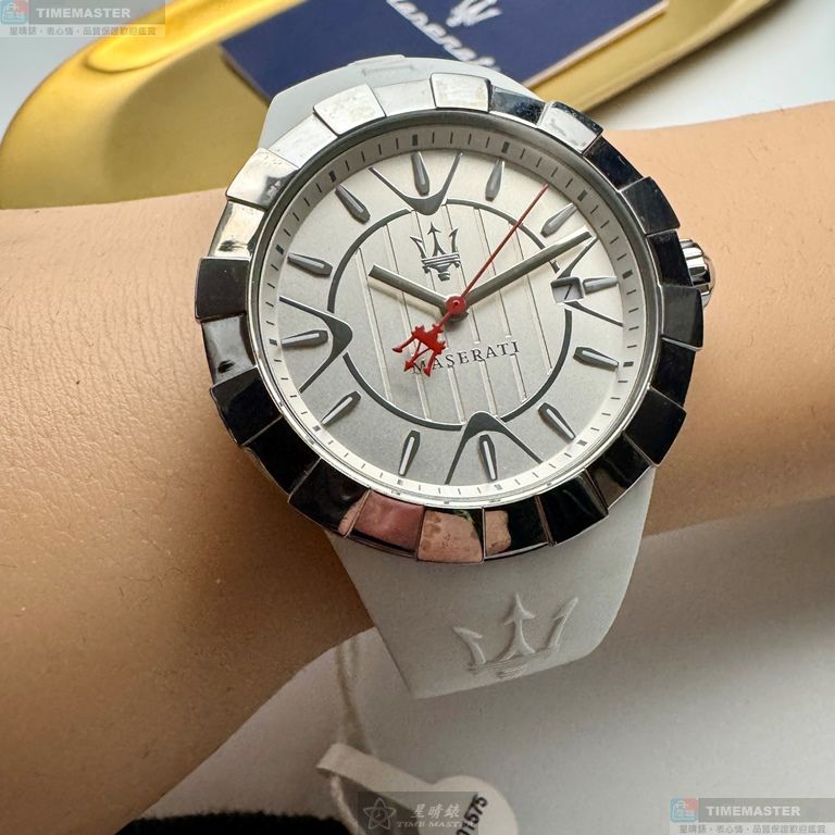 [星晴錶業]MASERATI手錶,38mm,R8851103503白色幾何立體圖形錶面銀錶殼白矽膠錶帶款, , large