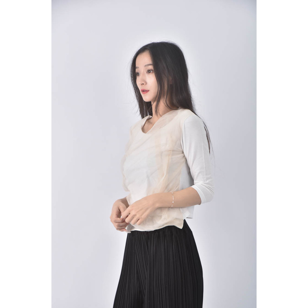 (S) 透紗白色長袖上衣二手衣, , large