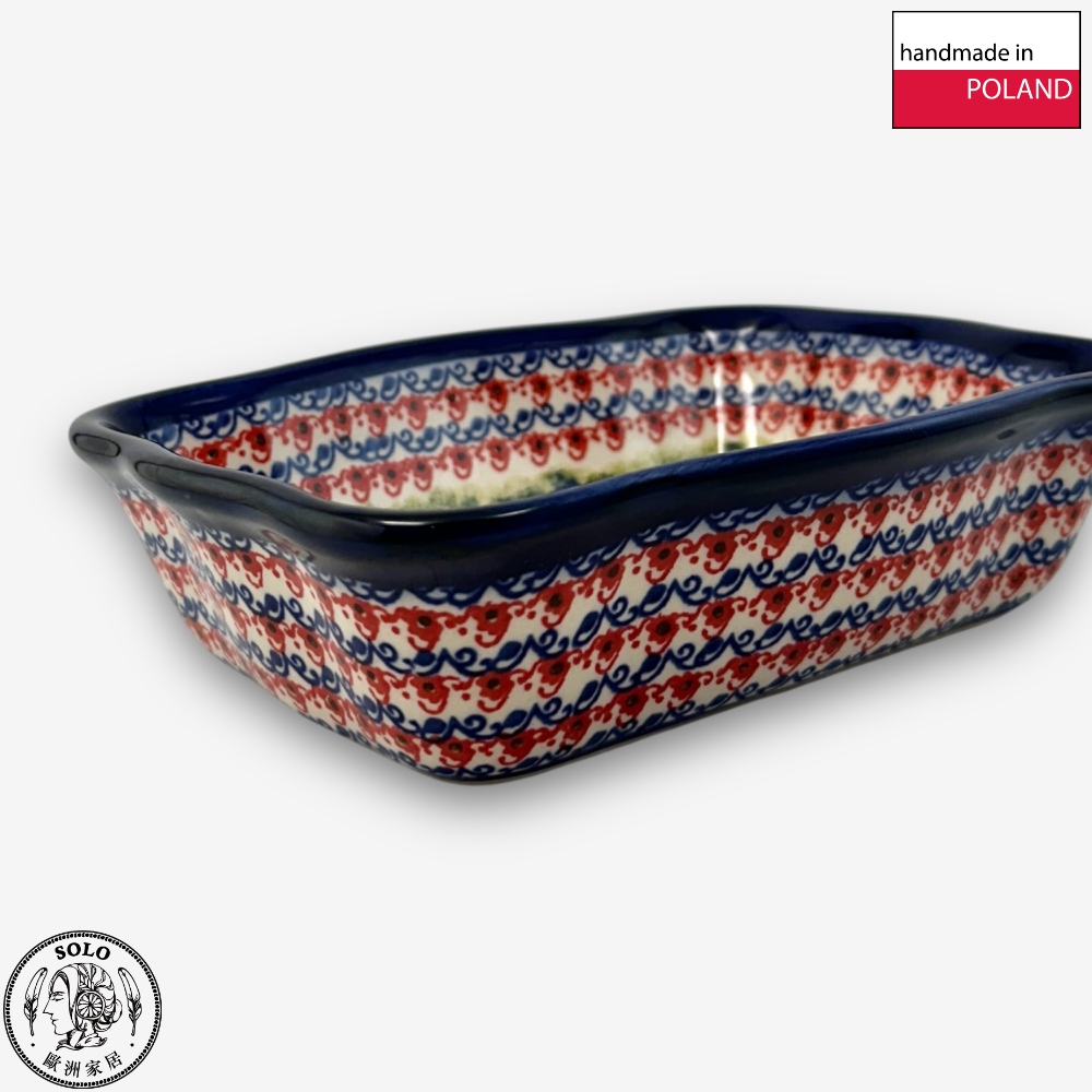 【SOLO Vintage】Cerraf Polish Pottery 18.5cm Baking Pan Dish Red and Blue Blossoming Elegance Series Made in Poland, , large