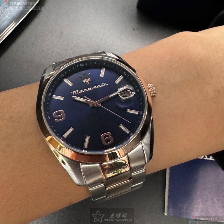 [星晴錶業]MASERATI手錶,42mm,R8853151006寶藍色錶面玫瑰金錶殼金銀相間精鋼錶帶款, , large