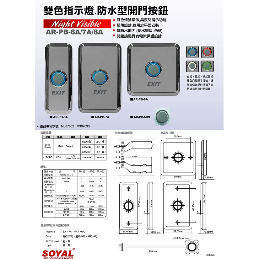 昌運監視器 SOYAL AR-PB-6A (AR-PB-6ABR) 美規窄版 窄型壓電開關 開門按鈕, , large