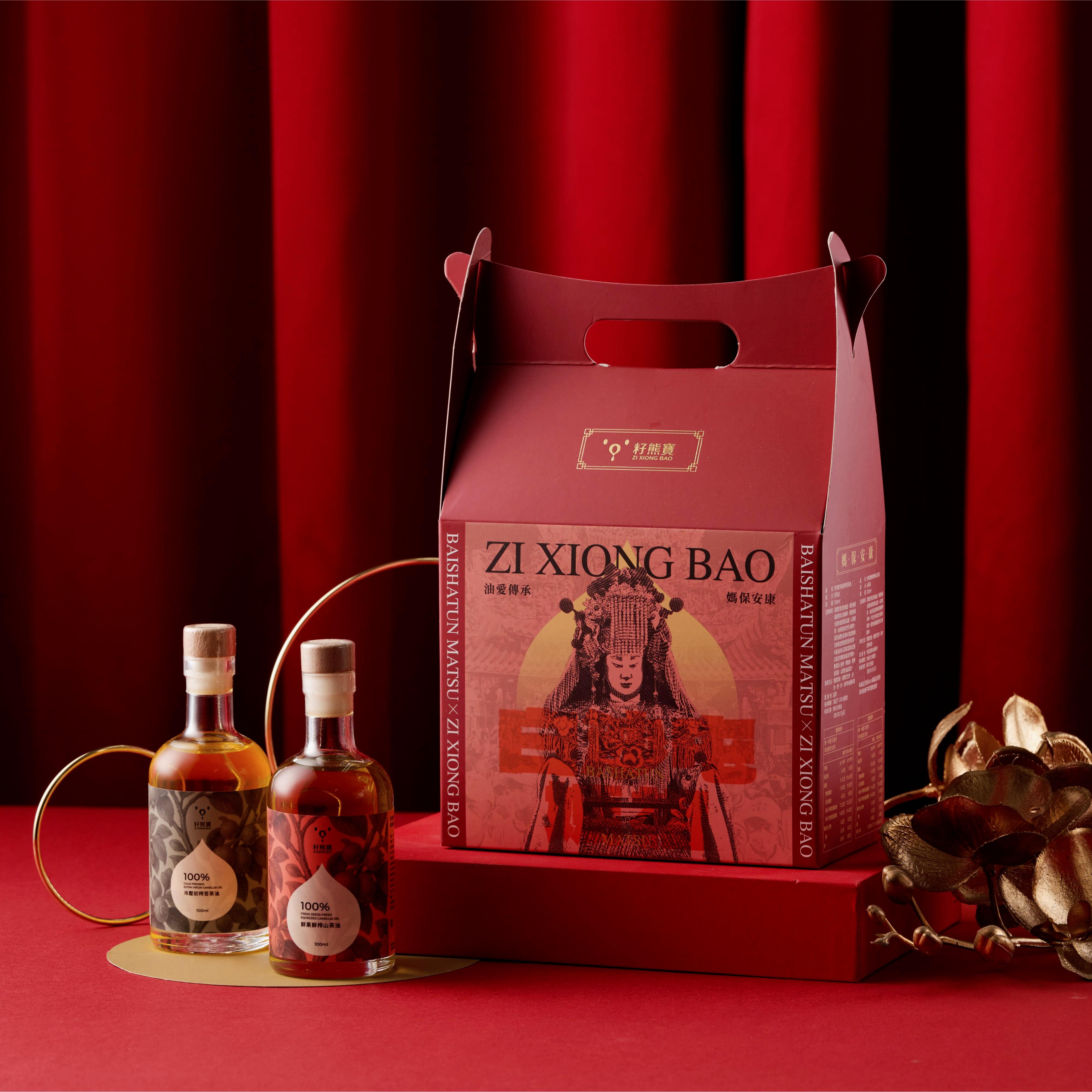 [年節預售12/31陸陸續續發貨]白沙屯媽祖 媽保安康香擔禮盒 冷壓初榨苦茶油100ml*1瓶+鮮果鮮榨山茶油100ml * 1瓶