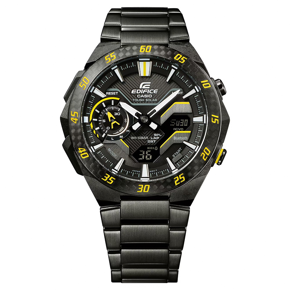 CASIO 卡西歐 EDIFICE 賽車方格旗 太陽能藍芽手錶-黑x黃色 ECB-2200RC-1A9, , large