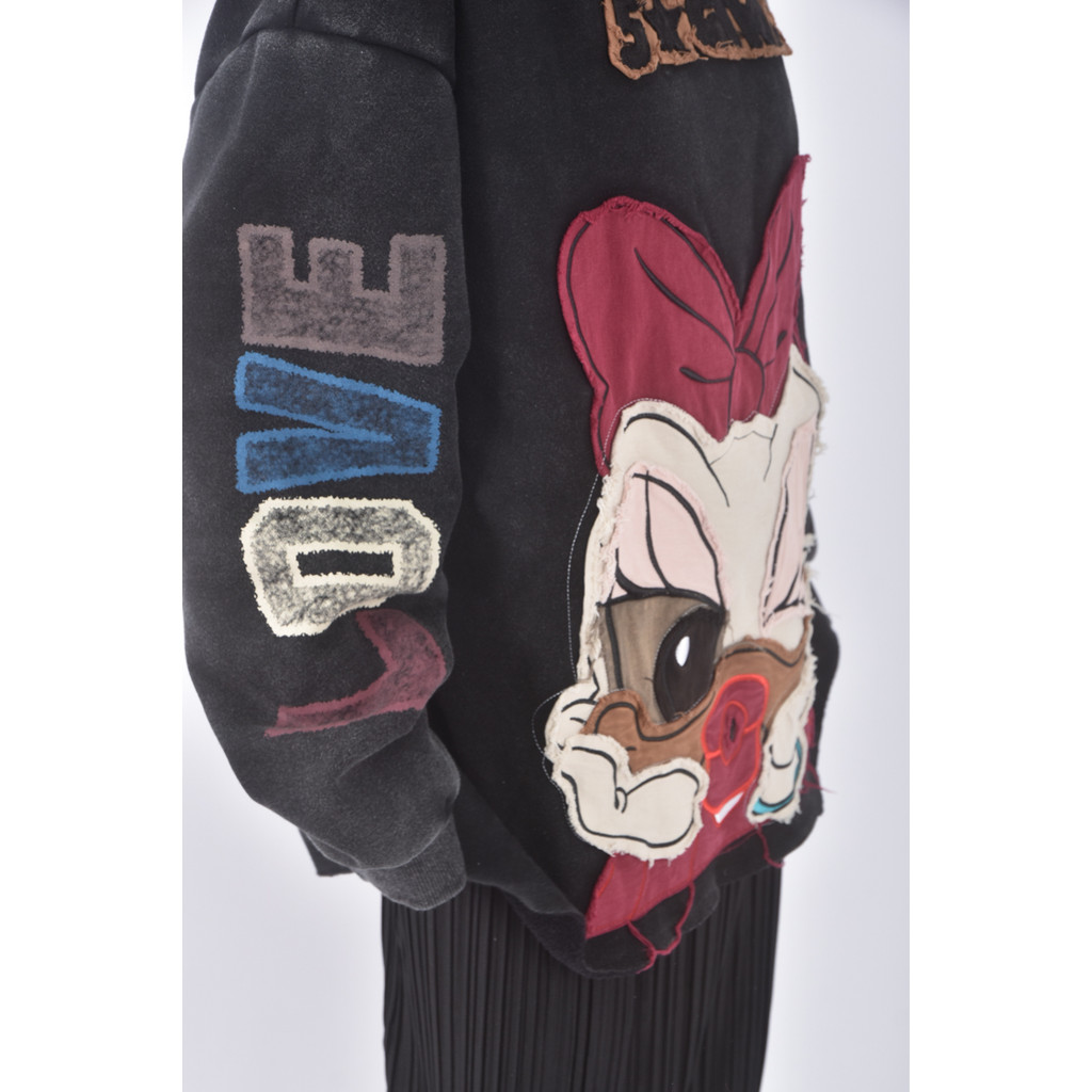 (F) qq style質感卡通頭黑色長袖上衣二手衣, , large