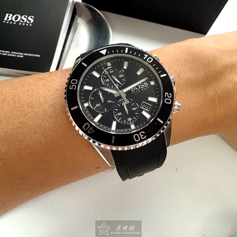 [星晴錶業]BOSS手錶,46mm,HB1513912黑色錶面黑錶殼深黑色矽膠錶帶款, , large