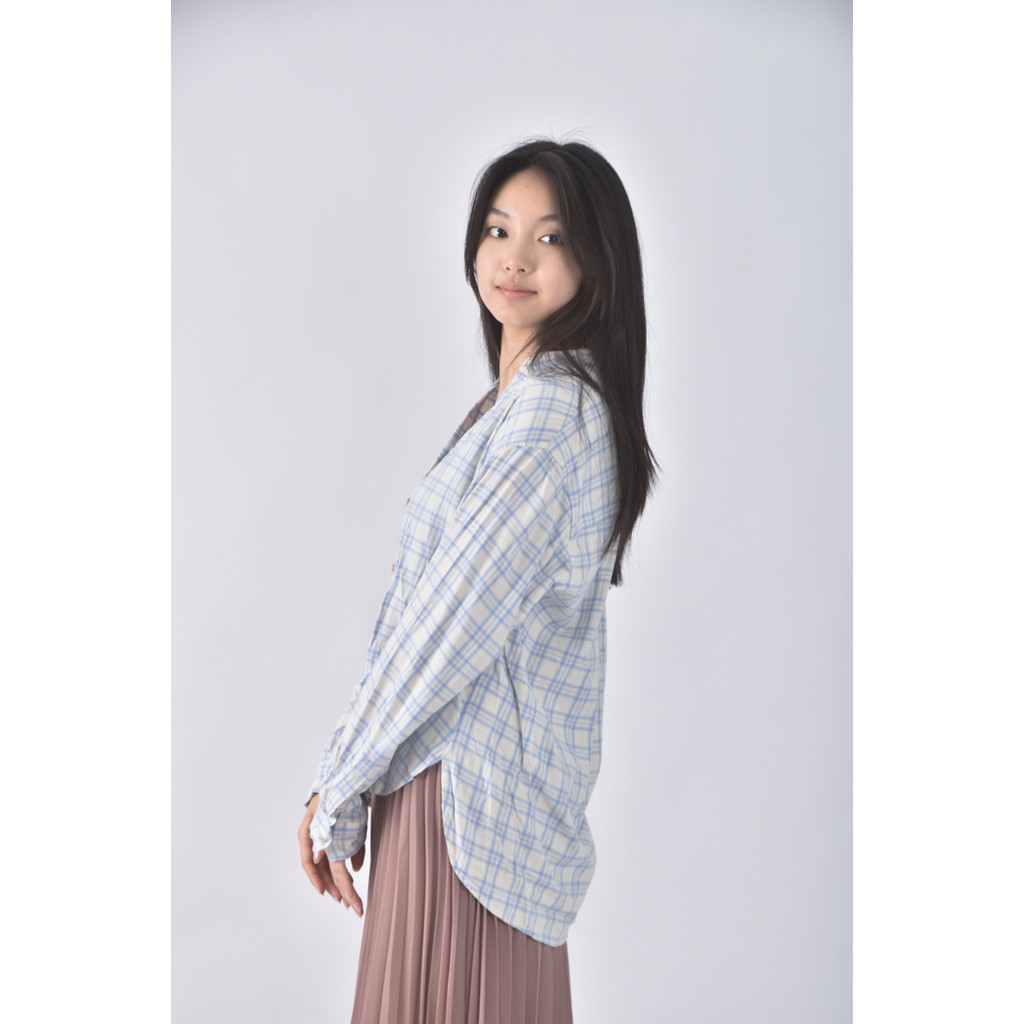 (L) uniqlo排扣格紋藍色襯衫上衣二手衣, , large