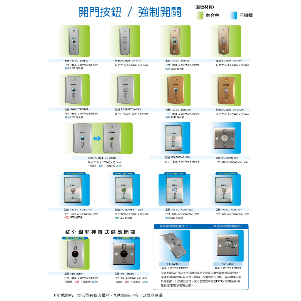 昌運監視器 PONGEE Pegasus PBT-09 鋅合金開門按鈕 門禁開關 門禁按鈕 具LED燈顯示, , large