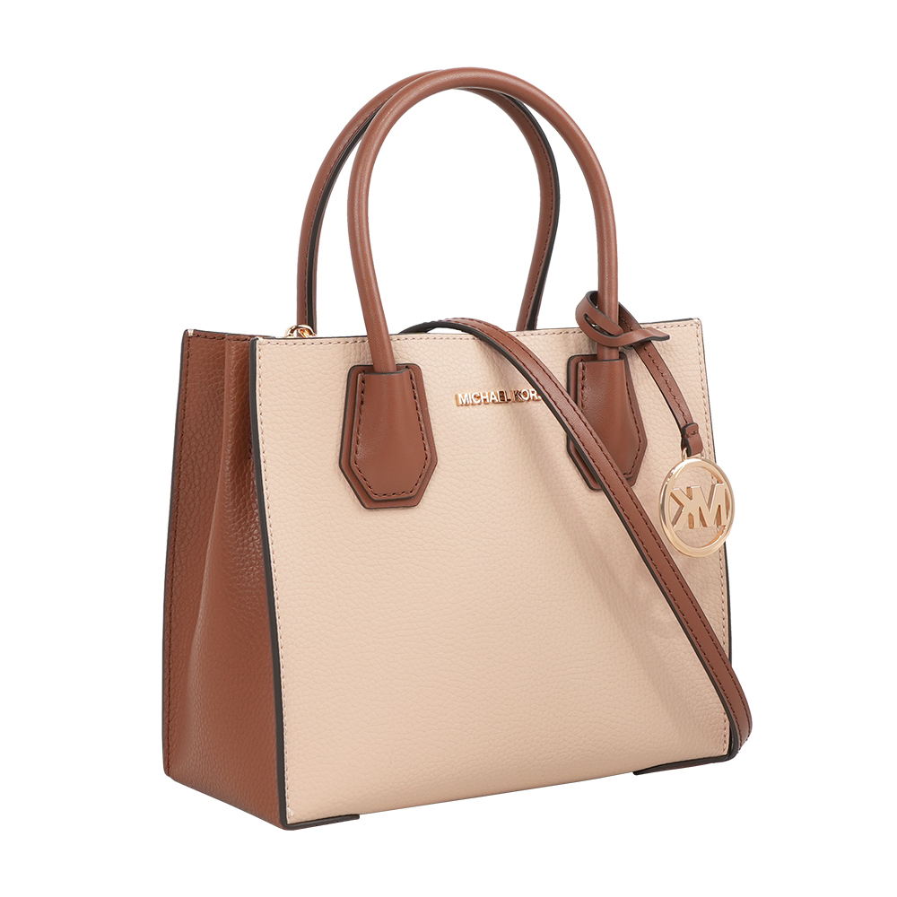 Michael Kors Mercer Logo 吊飾粒紋皮革中型二用包(粉膚/焦糖), , large