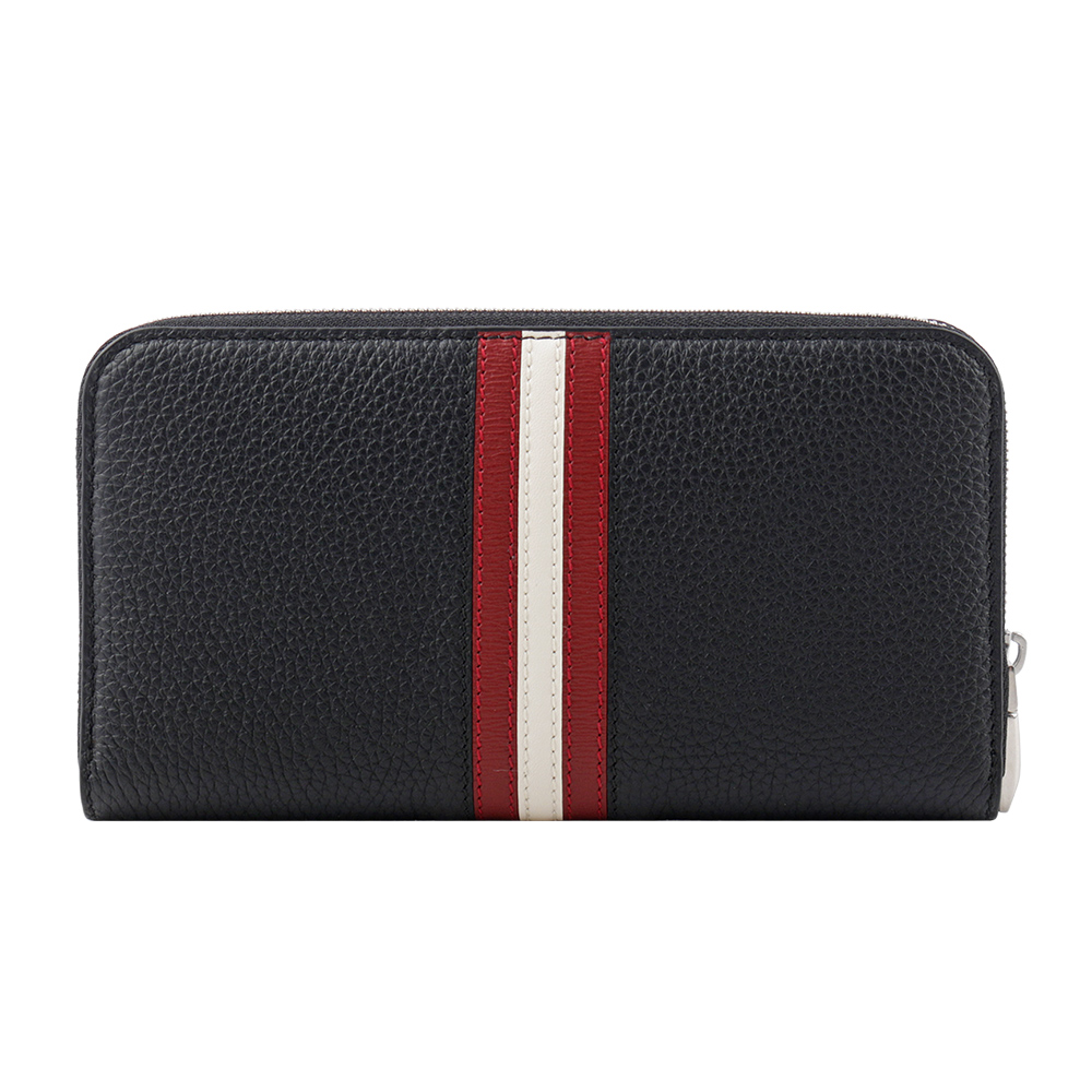 BALLY Ribbon 紅白條紋牛皮ㄇ形拉鍊長夾/黑色, , large