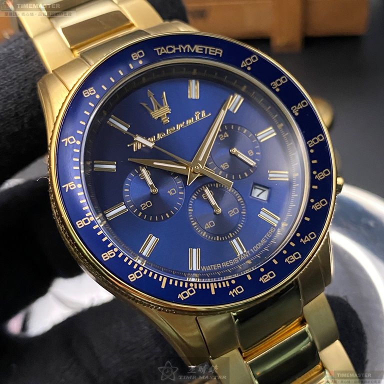 [星晴錶業]MASERATI手錶,44mm,R8873640008寶藍色錶面寶藍錶殼金色精鋼錶帶款