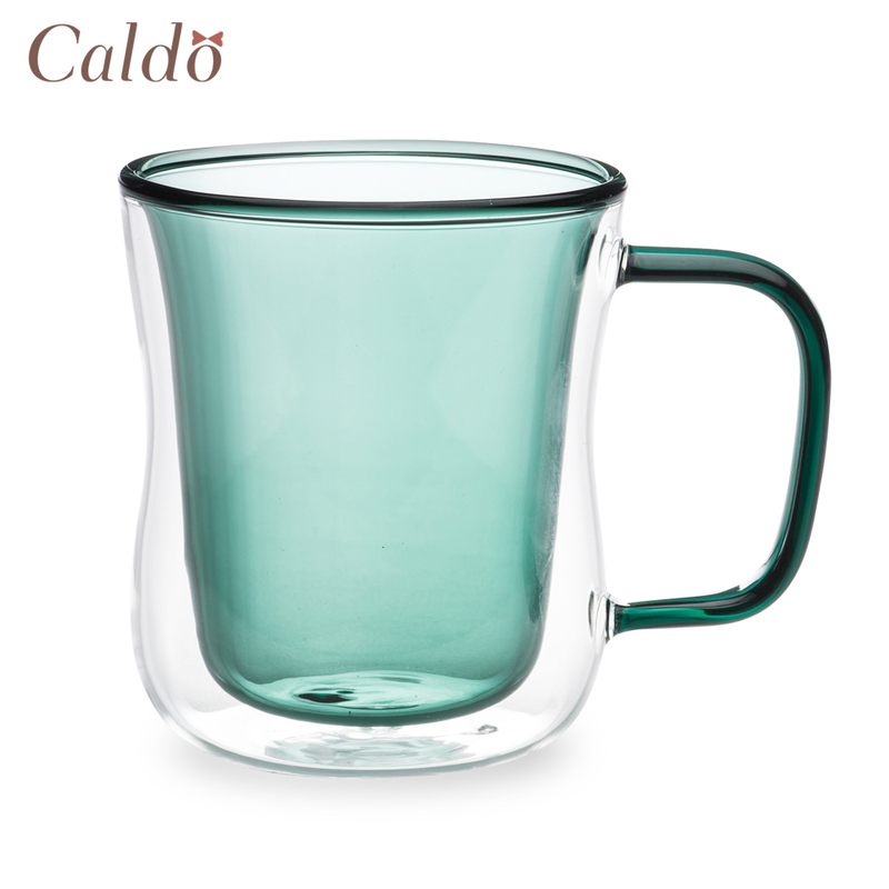 [ Caldo卡朵 ] 恬靜雙層隔熱撞色有柄玻璃杯 380ml  -  湖綠, , large