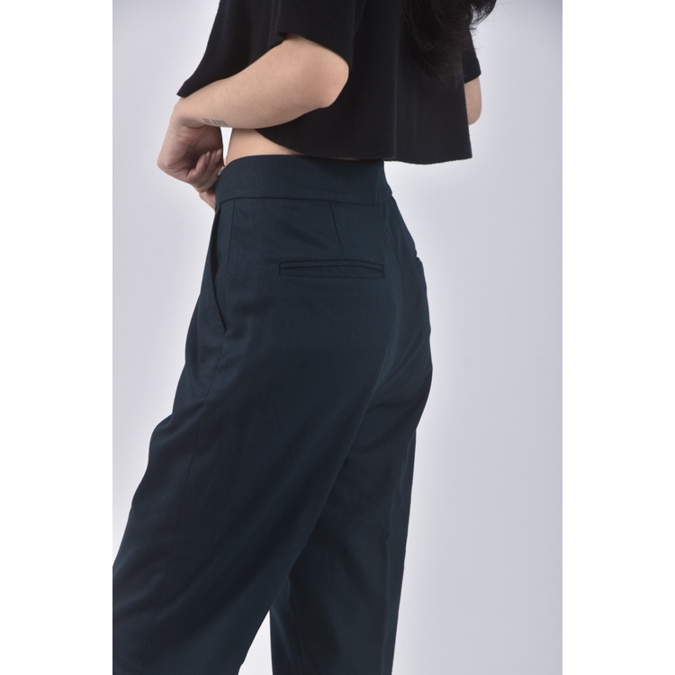 (L) 高腰棉質反摺綠色長褲二手衣, , large