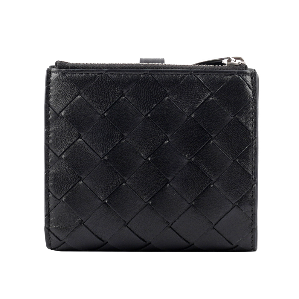 BOTTEGA VENETA 新款銀釦小羊皮編織釦式零錢袋短夾/黑色, , large