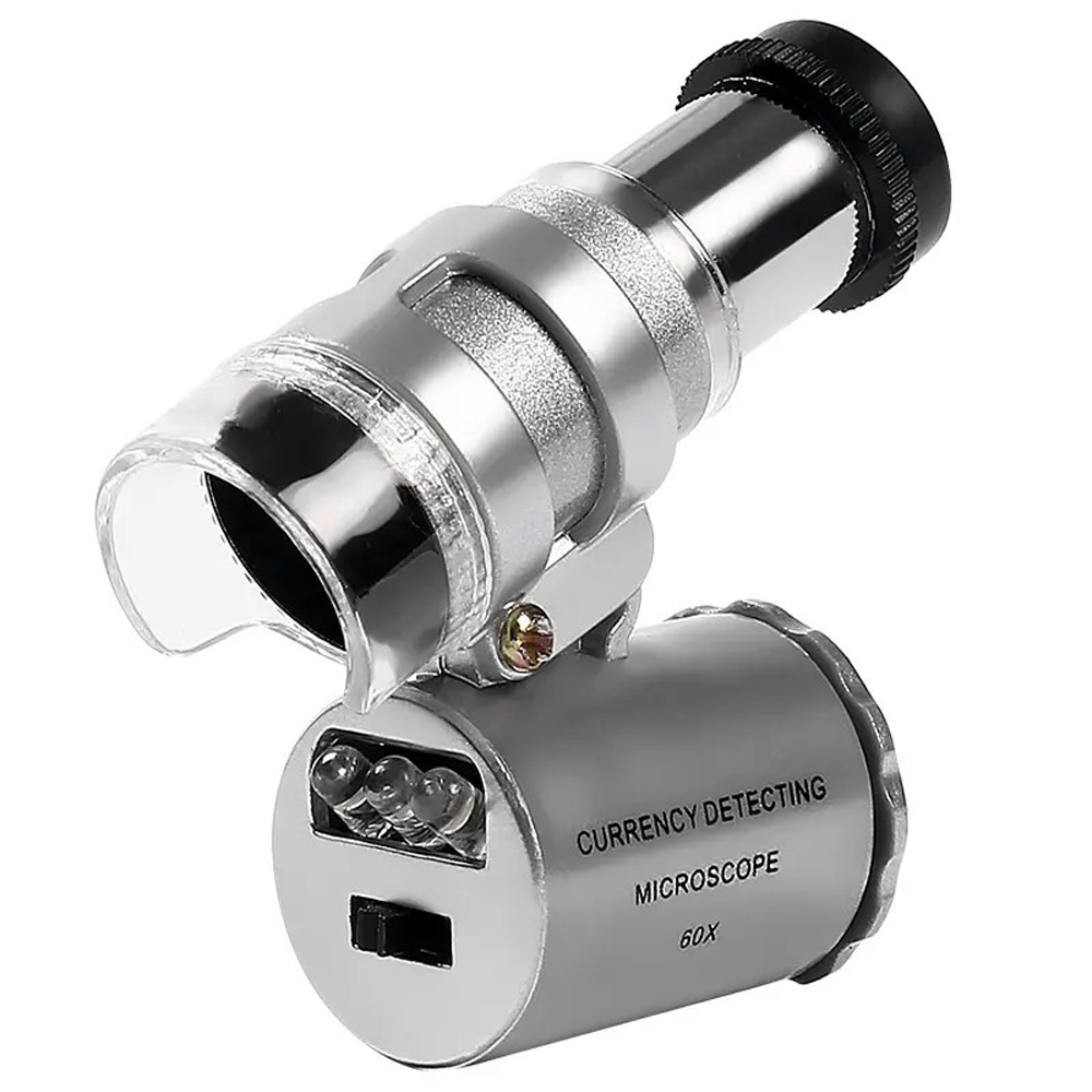 60x Mini Microscope, Magnifying Glass, Adjustable Length, LED Light, UV Counterfeit Money Detector, Optical Lens, Portable, Comes with Storage Case, , large