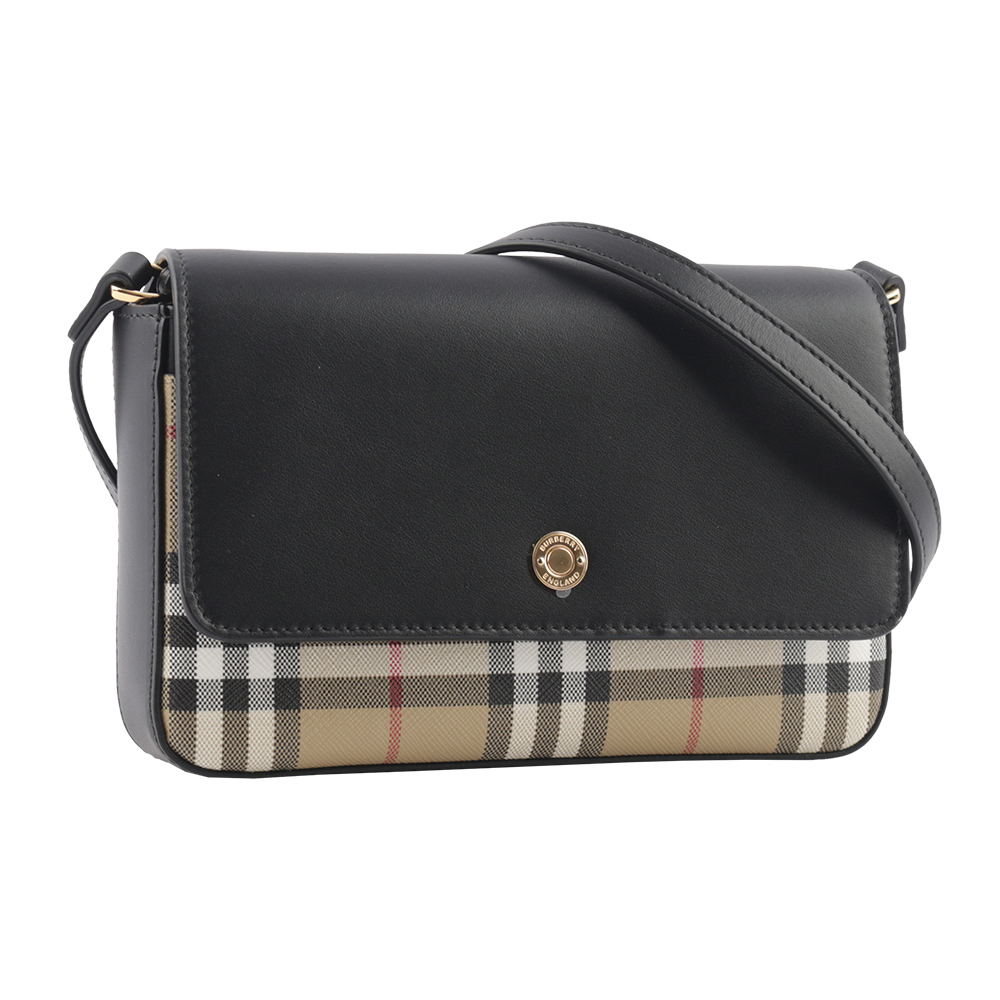 BURBERRY Penny 格紋帆布拼小牛皮翻蓋斜背包/經米色/黑色, , large