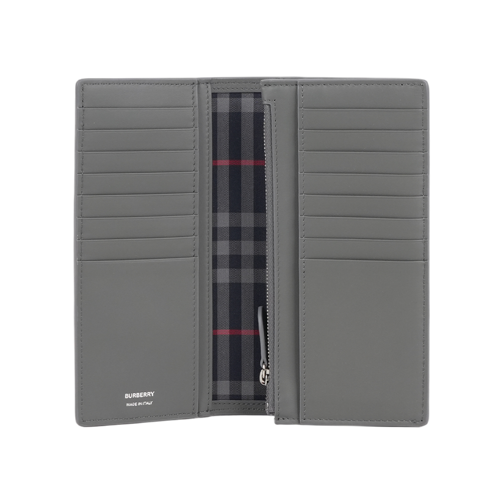 BURBERRY 銀字Logo粒紋牛皮16卡對開二折長夾(煤灰色), , large