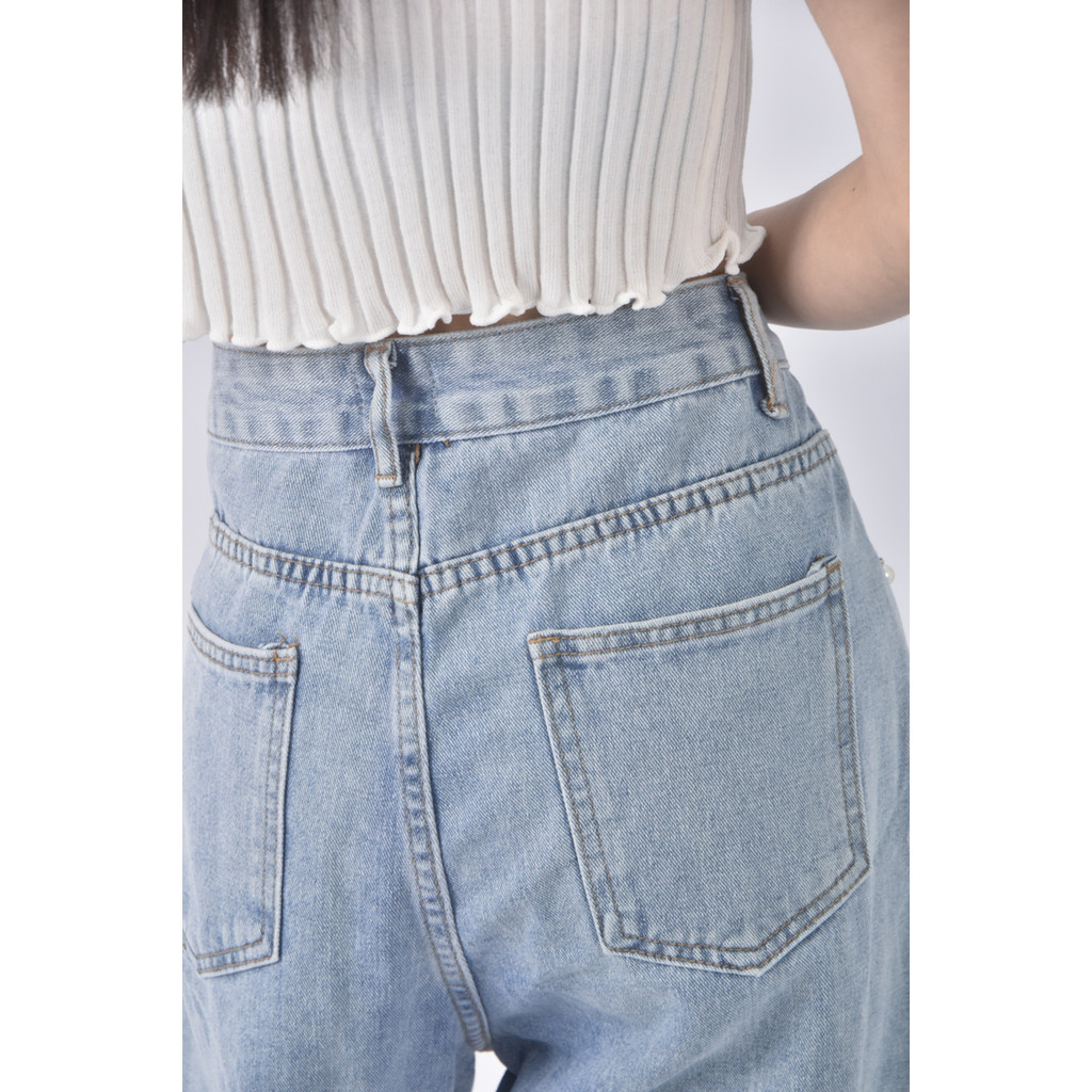 (L) 高腰丹寧牛仔珠珠藍色長褲二手衣, , large