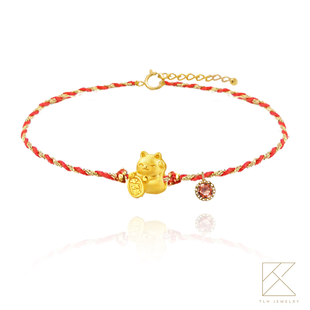 【TLH】黃金墜編織手鍊 純金999 多選 招財貓幸運紅繩&times;誕生石 約重0.02錢&plusmn;0.01, , large