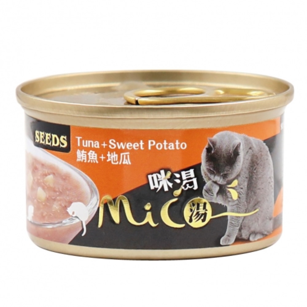 【拉拉寵物小舖】seeds 惜時 貓罐頭 MICO 咪渴機能湯罐 鮪魚+地瓜85g*24瓶/箱, , large
