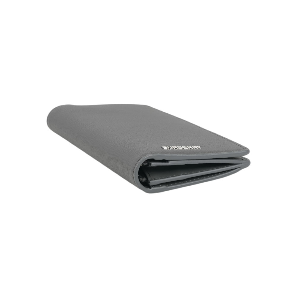 BURBERRY 銀字Logo粒紋牛皮16卡對開二折長夾(煤灰色), , large