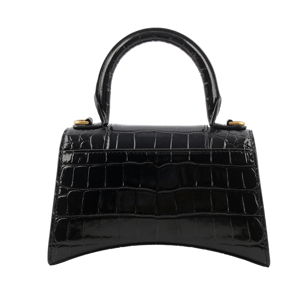 BALENCIAGA Hourglass 金釦壓鱷魚紋牛皮二用沙漏包/XS/黑色, , large