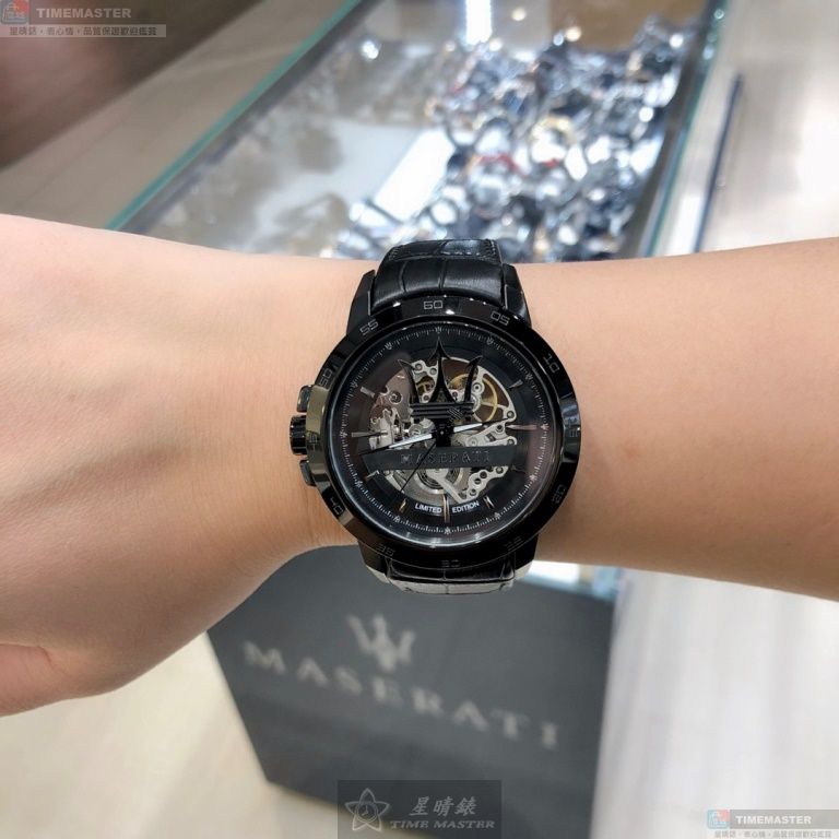 [星晴錶業]MASERATI手錶,46mm,R8821119006機械鏤空錶面黑錶殼深黑色真皮皮革錶帶款, , large