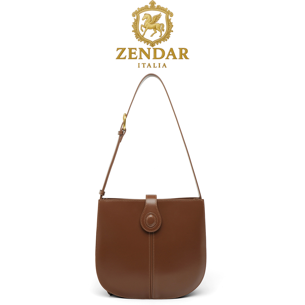 【ZENDAR】限量1折 頂級小牛皮肩背包含內包 薇拉系列 全新專櫃展示品(琥珀色), , large
