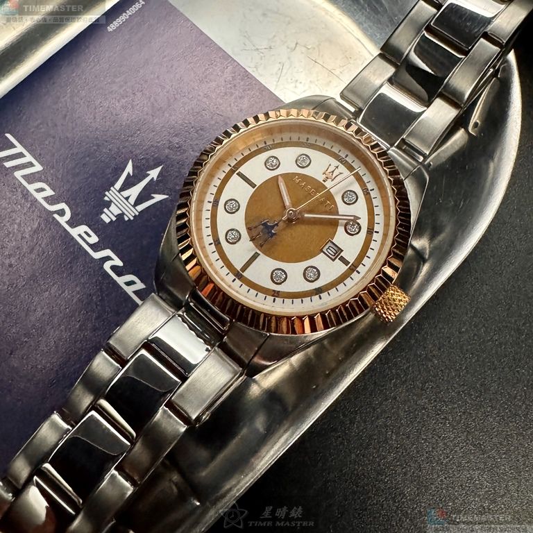 [星晴錶業]MASERATI手錶,32mm,R8853100502白色幾何立體圖形錶面玫瑰金錶殼銀色精鋼錶帶款, , large