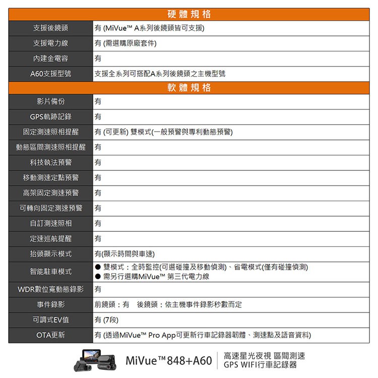 Mio MiVue 848+A60 前後鏡頭 GPS WIFI行車記錄器(送-32G卡) 行車紀錄器 R45630, , large