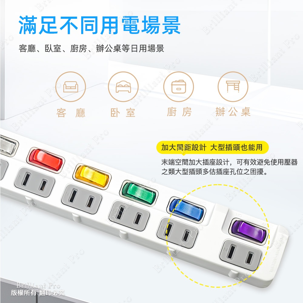 Super Electric King SNB266-15 6 Open 6 Plug 6 Feet 2P Extension Cord UL Certified Overload Protection 180 Degree Steerable Plug, , large