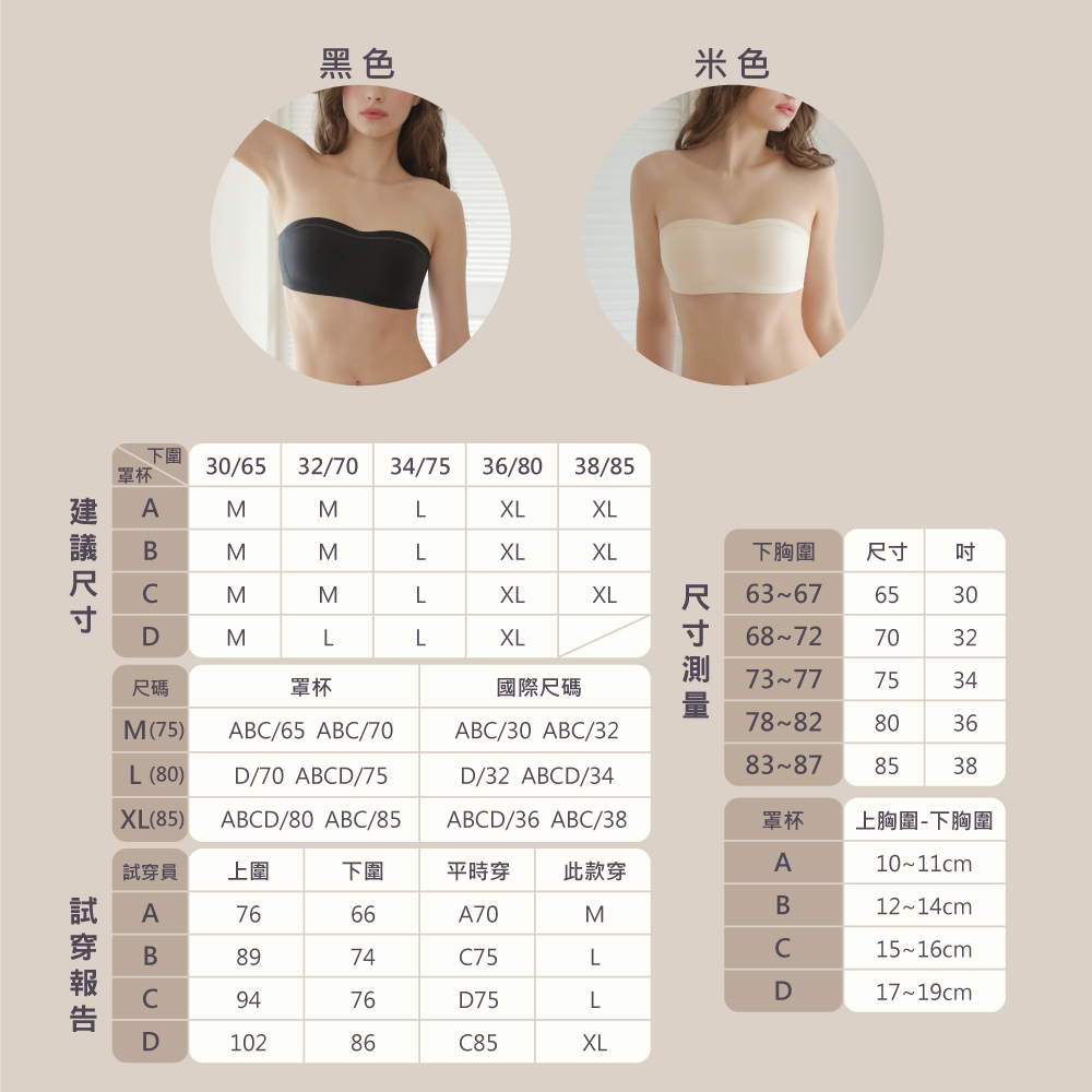 【伊柔 EVEROY】輕穩肌密 防滑穩定平口無肩帶無鋼圈M-XL內衣 米色 黑色 W052, , large