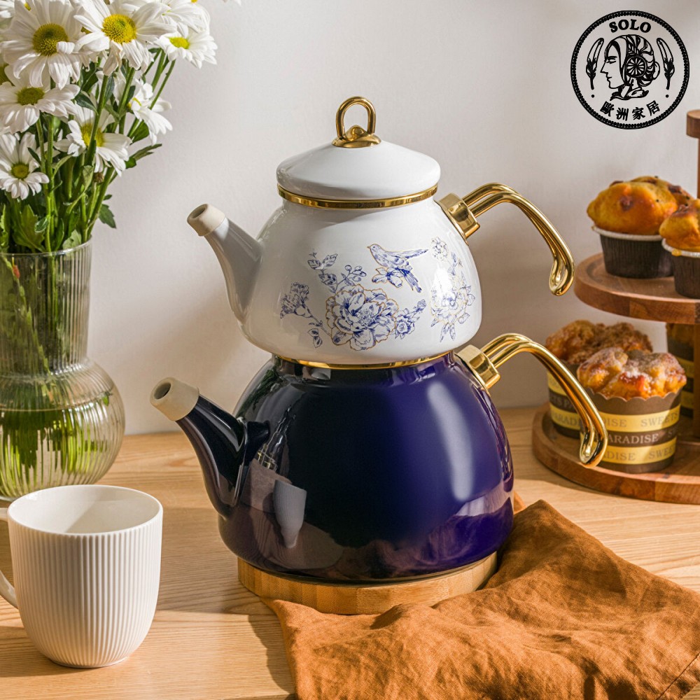 【SOLO Vintage】LCW Home Blue Porcelain Flower Enamel Kettle Sub Teapot Set Made in Turkey 1.1L + 2.3L, , large