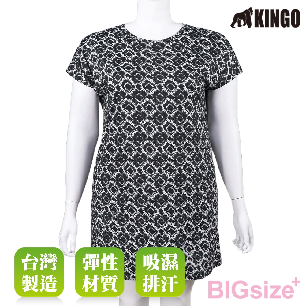 KINGO-大尺碼-圓領 吸排 半袖洋裝-黑-414801, , large