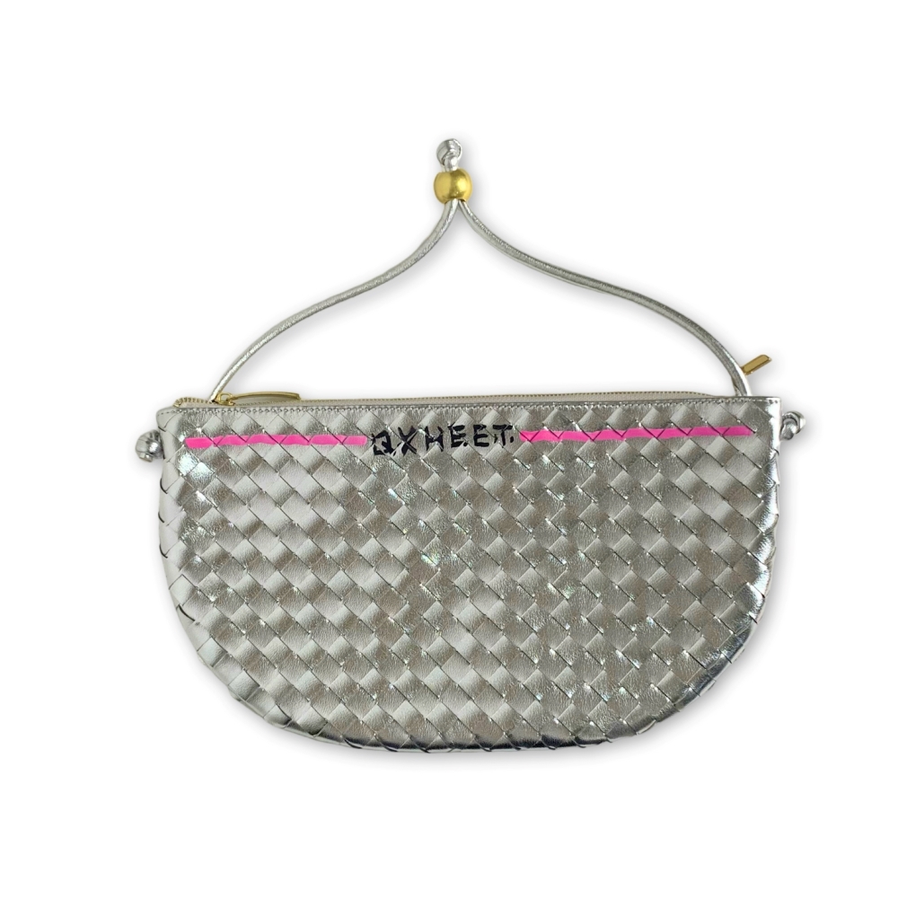 Metal ball painted woven half-moon bag bright silver (XL), , large