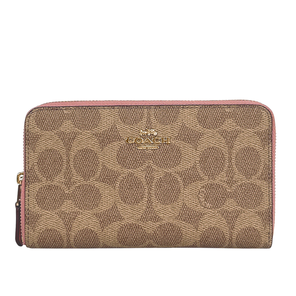 COACH 金字Logo 塗層帆布ㄇ形拉鍊中夾/棕褐色/花瓣粉, , large