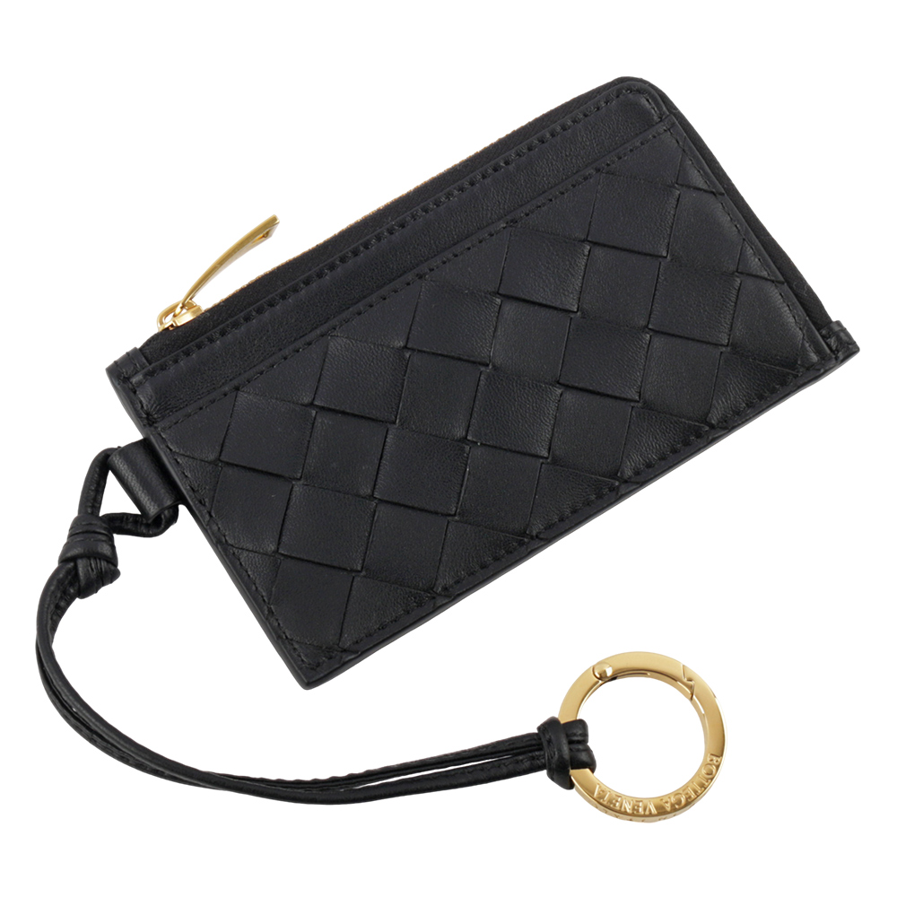 BOTTEGA VENETA L 型金色拉鍊小羊皮編織附鑰匙釦卡包/零錢包/黑色, , large