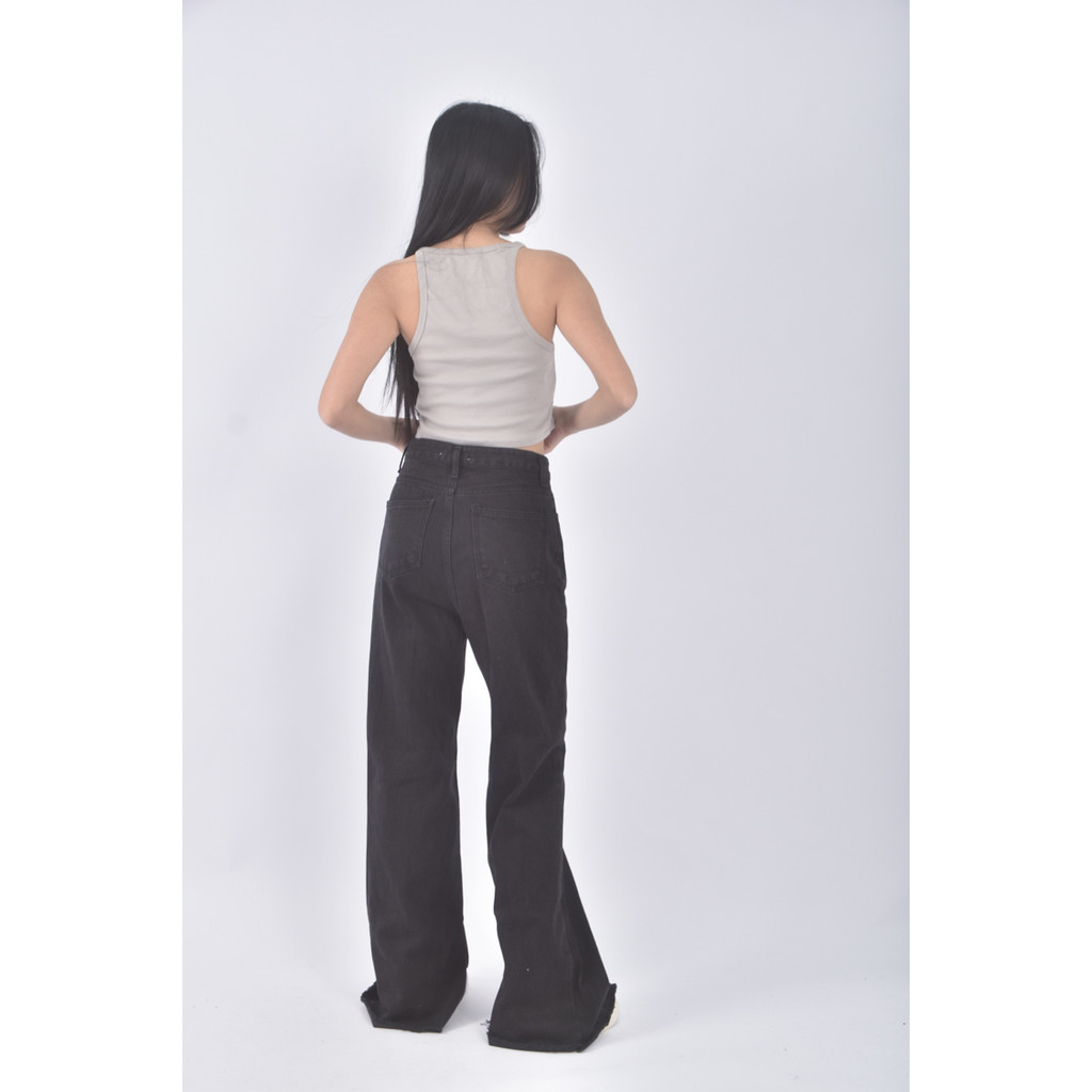 (S) riah韓牌高腰丹寧牛仔質感黑色長褲二手衣, , large