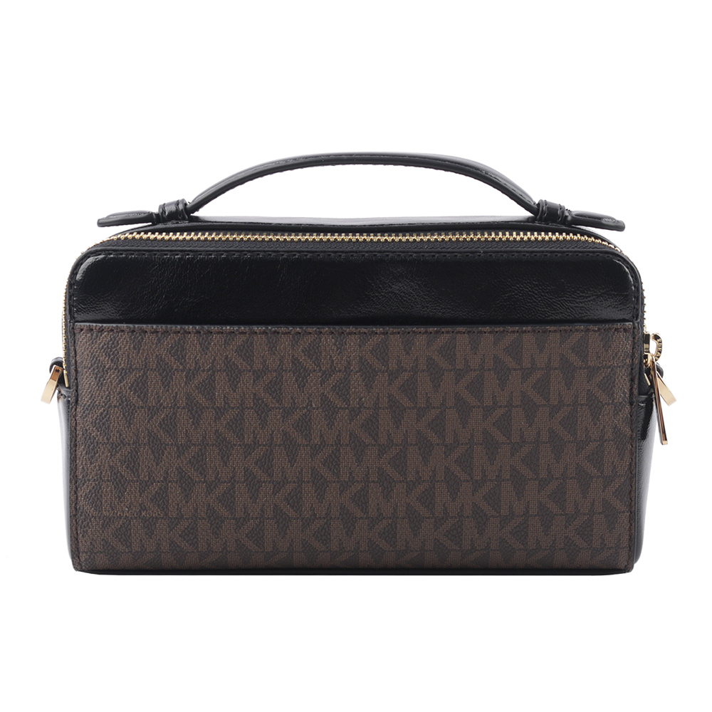 Michael Kors 滿版塗層帆布Logo 及漆皮雙拉鍊二用包/咖啡色/黑色, , large