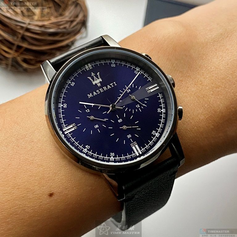 [星晴錶業]MASERATI手錶,42mm,R8871630002寶藍色錶面黑錶殼深黑色真皮皮革錶帶款, , large