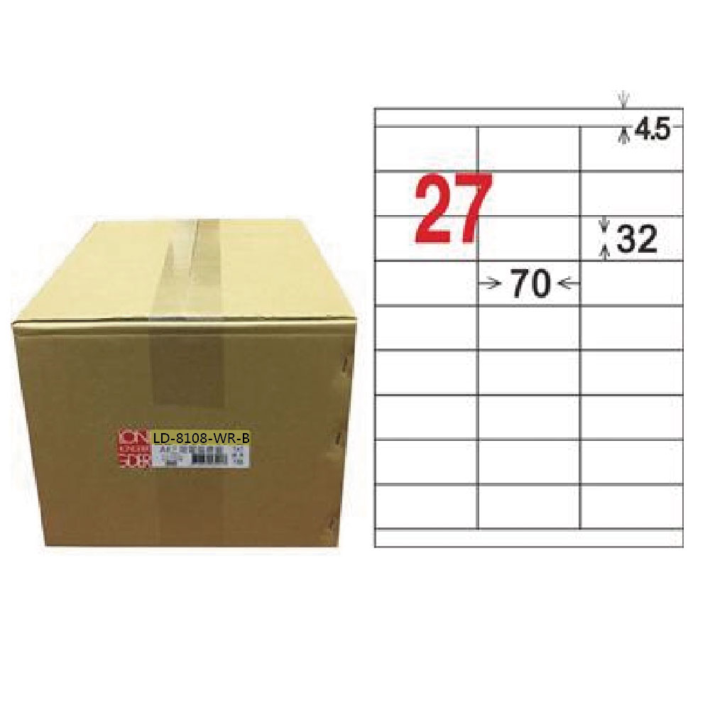 【龍德】LONGDER 三用電腦標籤 A4 27格 32*70mm可再貼1000張/箱 LD-8108-WR-B(適用雷射、噴墨、影印), , large
