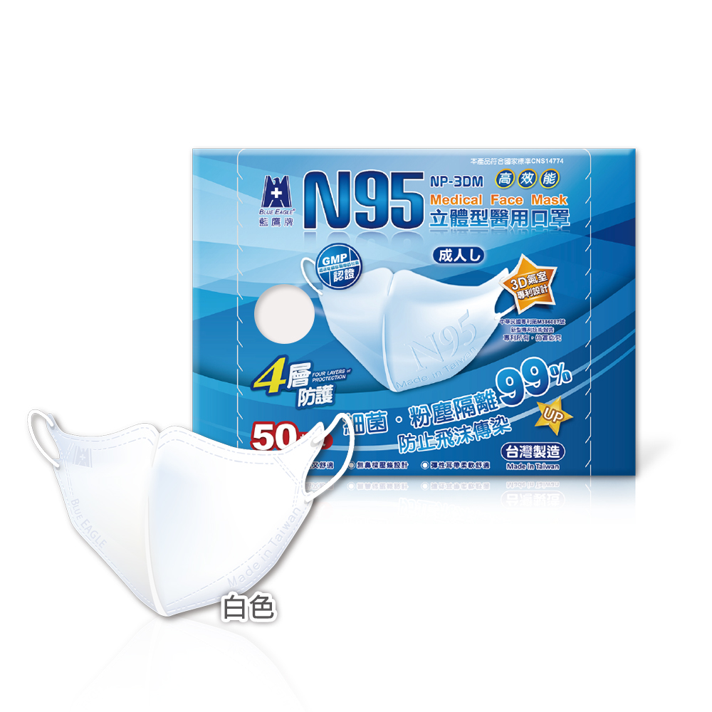 Blue Eagle N95 3D Adult Medical Face Mask 50 Pack, , large